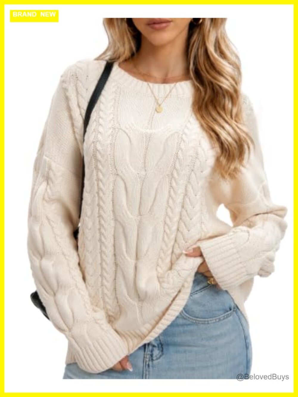 Women's Cable Knit Sweater Cotton Blend Long Sleeve Crewneck Pullover